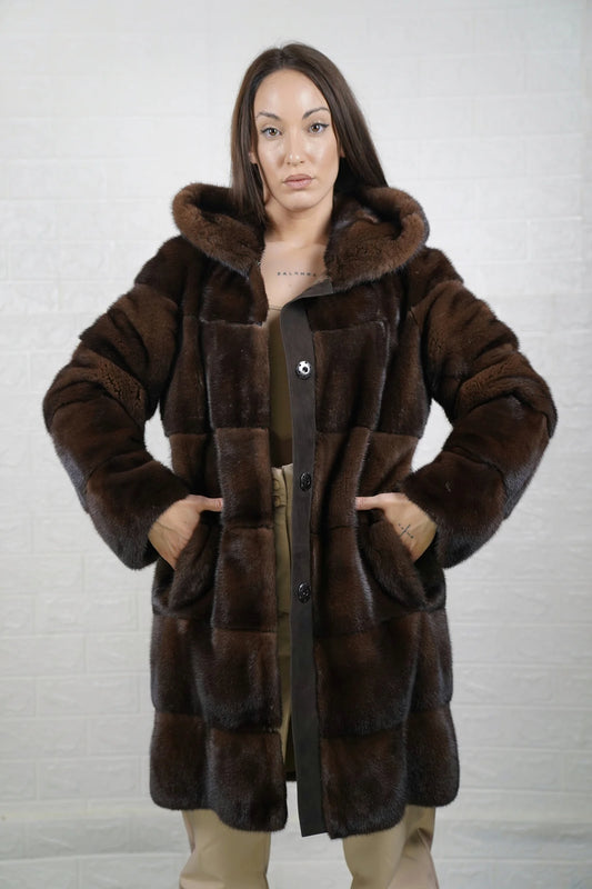 Mink fur coat brown with hood displayed showing deep warm brown tone and full above the knee silhouette — Greek craftsmanship, TatiFurs