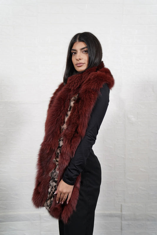Fox fur scarf red leopard displaying full skin red fox with leopard rabbit print center strip running full 204cm length — Greek craftsmanship, TatiFurs