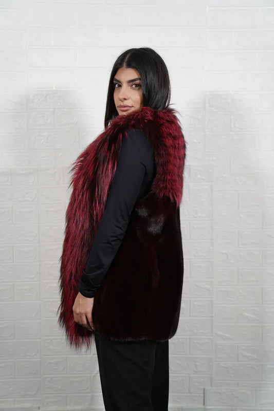 mink fur jacket with fox — full skin fox collar and front panels, long pile red black fox detail — Greek craftsmanship, TatiFurs