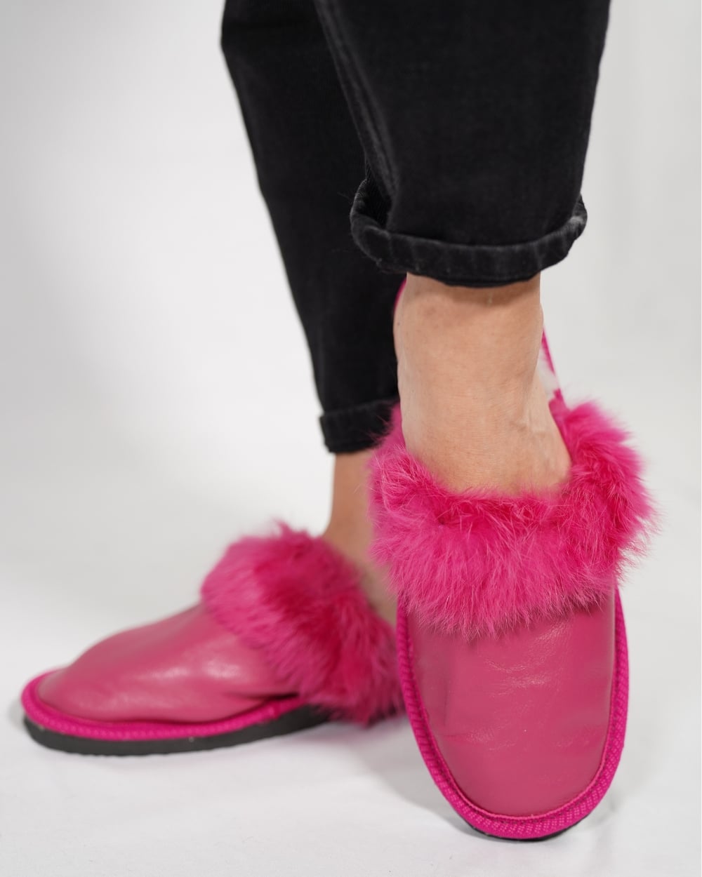 Fuchsia Fur Leather & Sheepskin Slippers