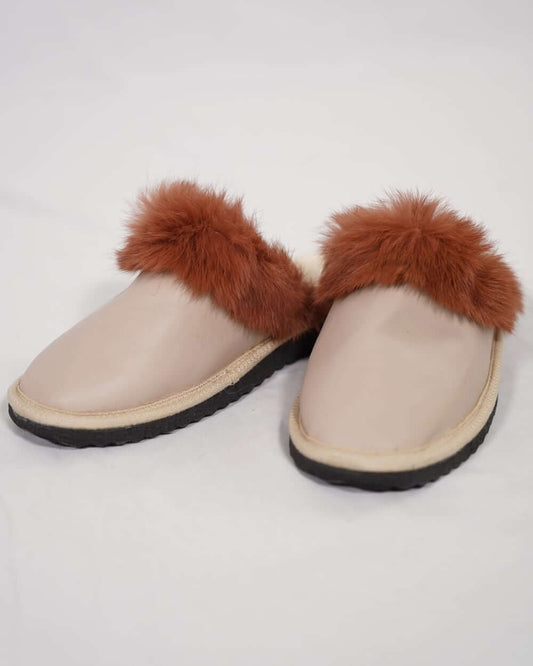 Sheepskin Wool Leather Fur Slippers Beige Powder with brown fur trim, showcasing luxurious comfort and style.