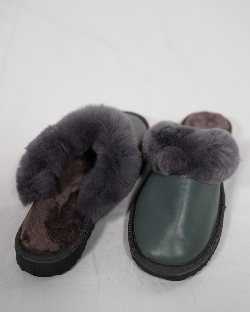 Green Fur Leather & Sheepskin Slippers with purple fur on top