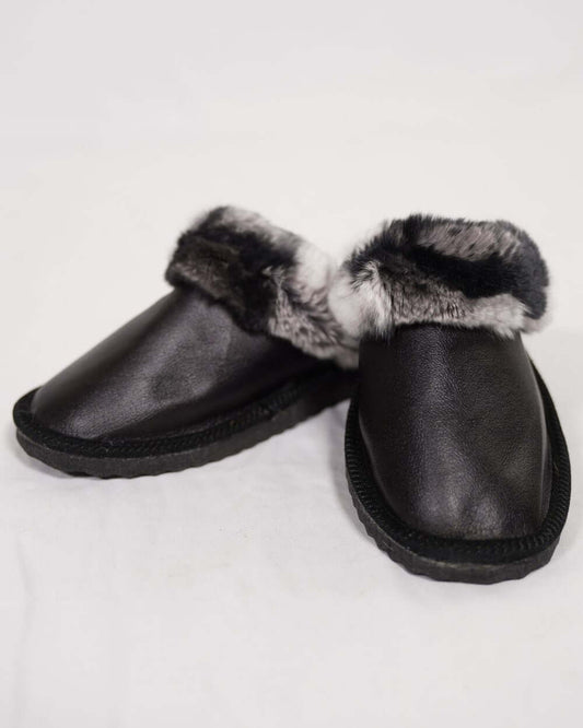 Sheepskin Wool Leather Fur Slippers Black with Gray Top showcasing luxurious design and comfort for women's footwear.