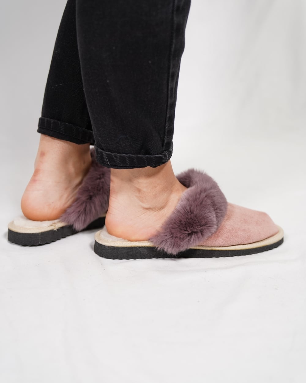 Baby Pink Fur Leather & Sheepskin Slippers with purple on top