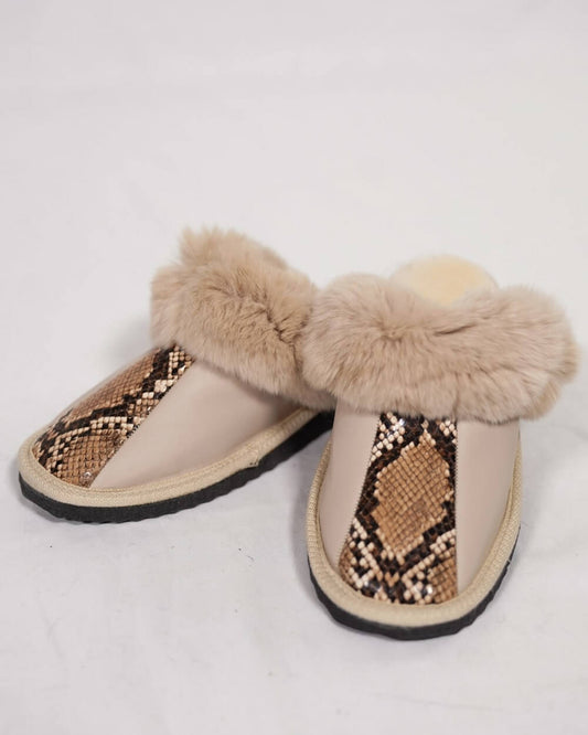 Sheepskin Wool Leather Fur Slippers Beige Leopard - Stylish and comfortable shoes with genuine leather and wool.