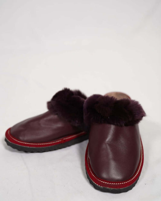 Sheepskin Wool Leather Fur Slippers Burgundy - Tatifurs showcasing luxurious craftsmanship and comfortable fit.