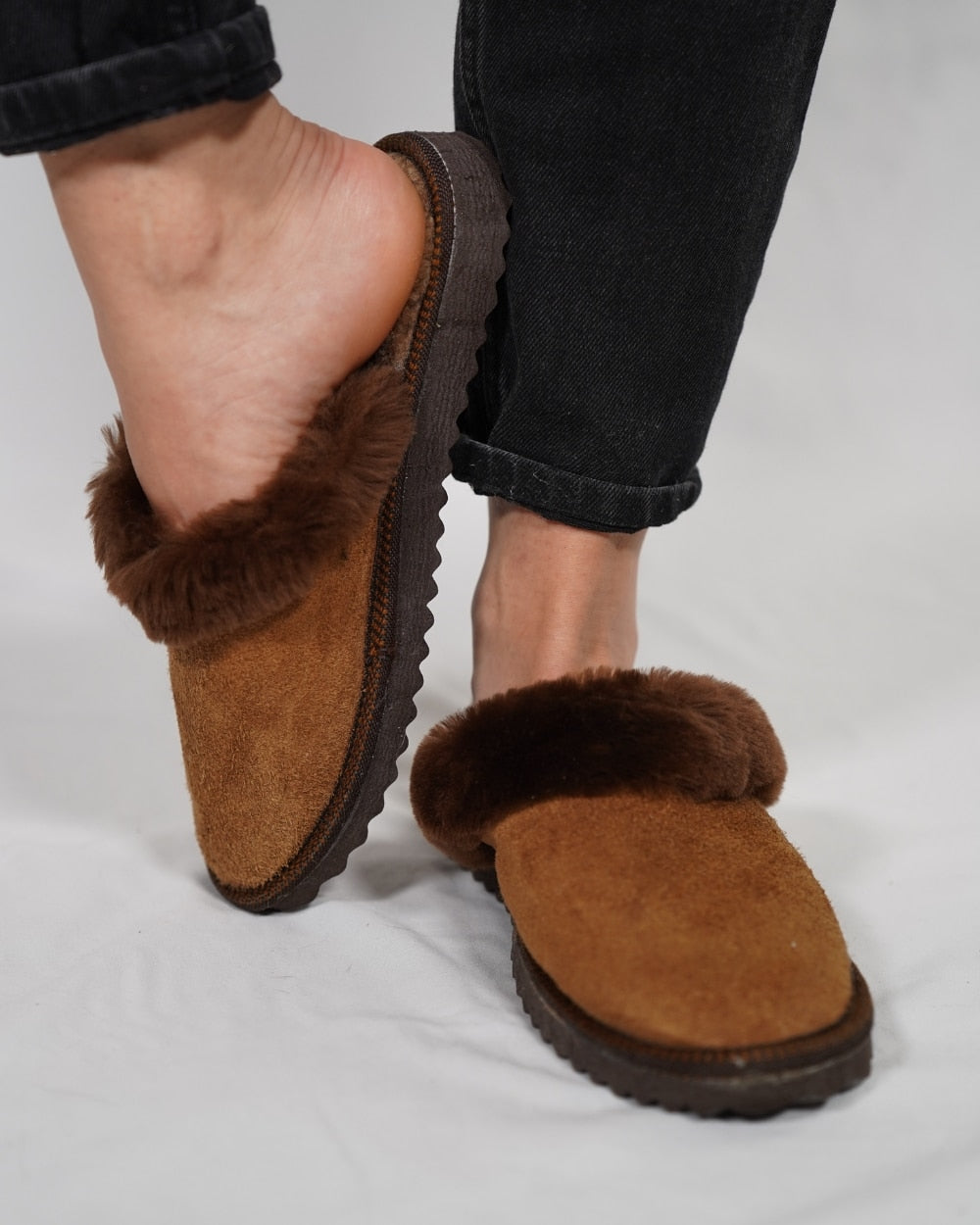 Brown Fur Leather & Sheepskin Slippers