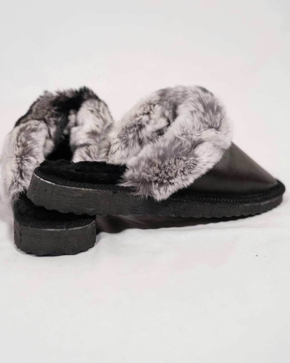 Black Fur Leather & Sheepskin Slippers with chinchilla rabbit fur on top