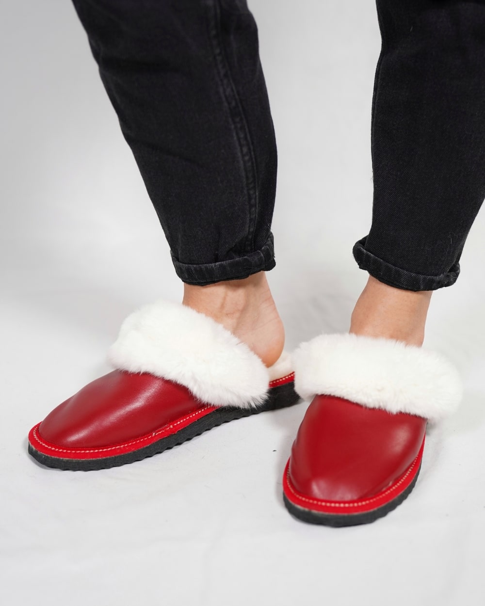 Red Fur Leather & Sheepskin Slippers