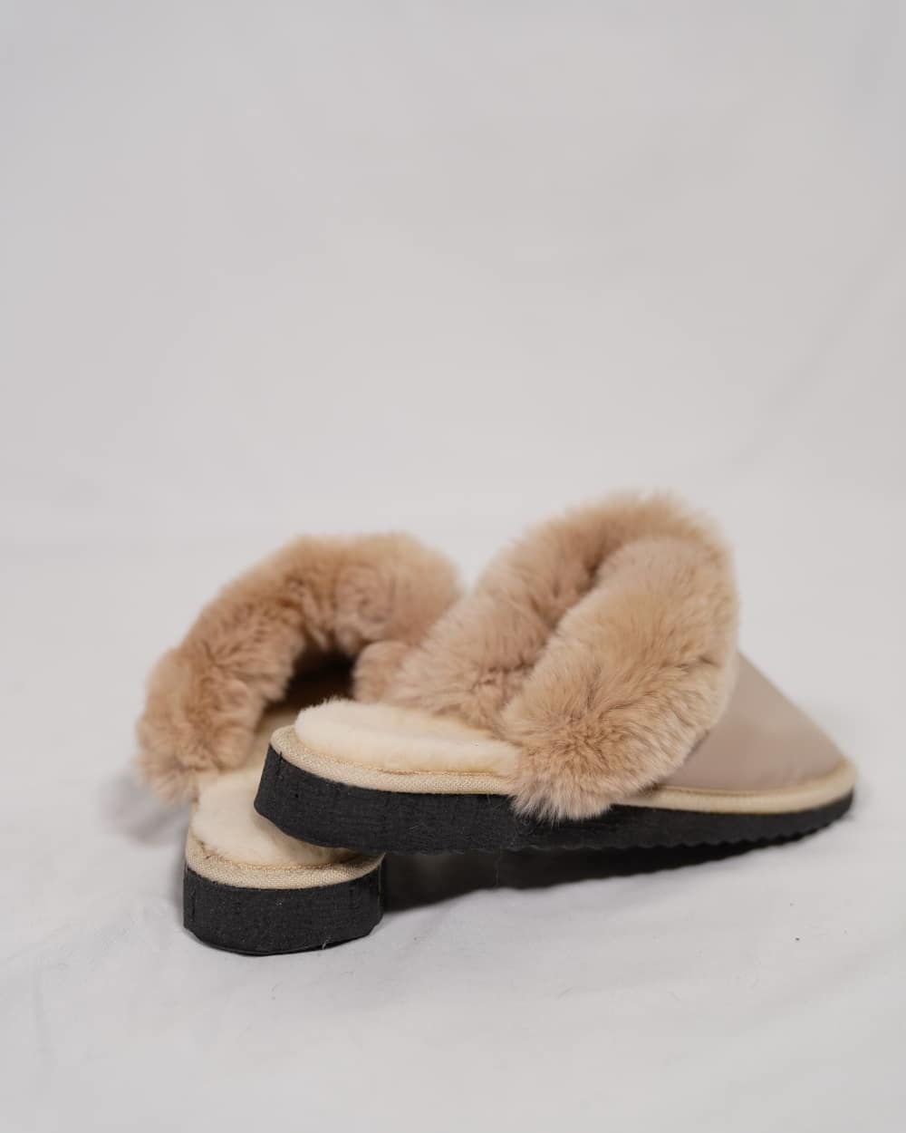 Beige Fur Leather & Sheepskin Slippers