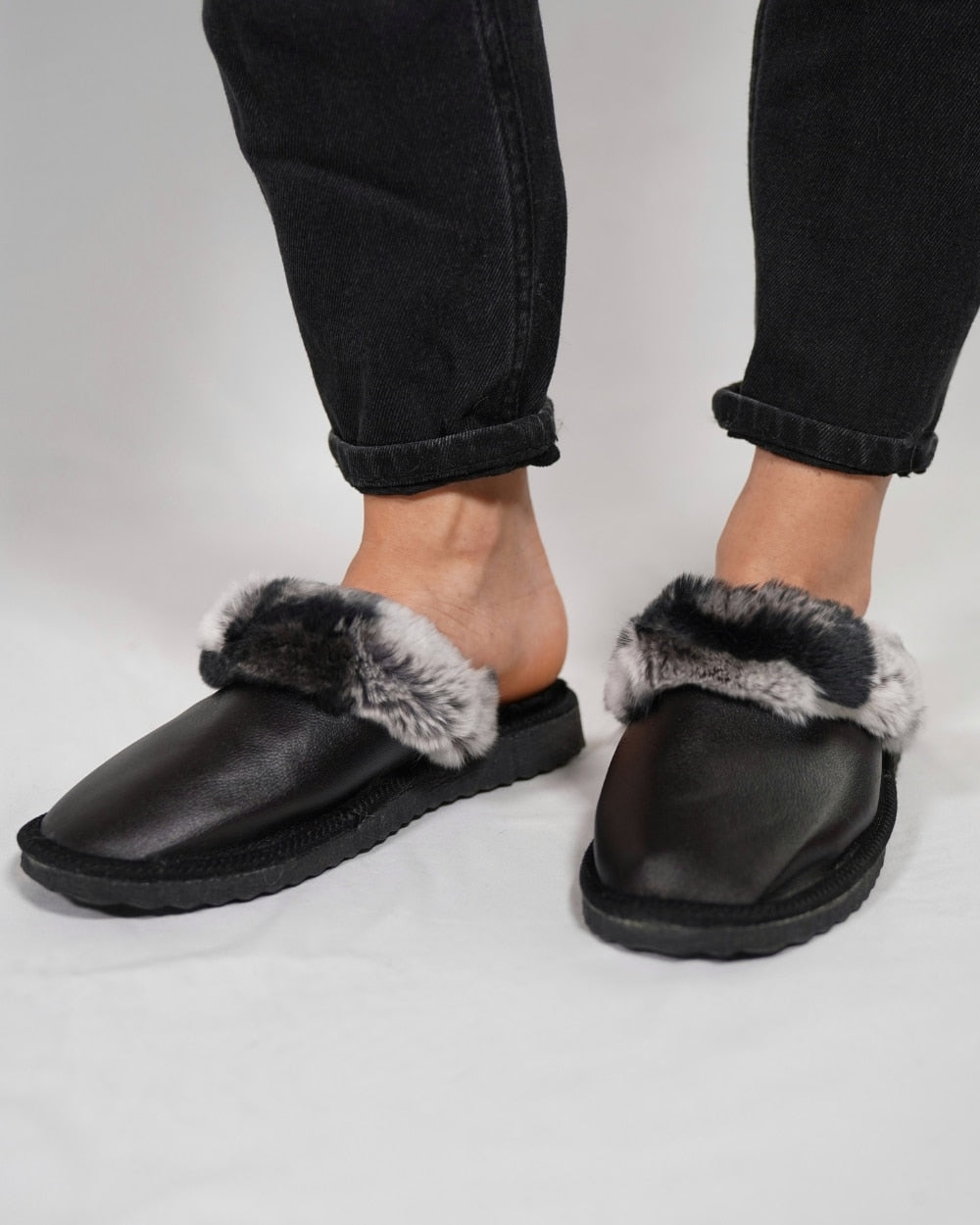 Black Fur Leather & Sheepskin Slippers with chinchilla rabbit fur on top