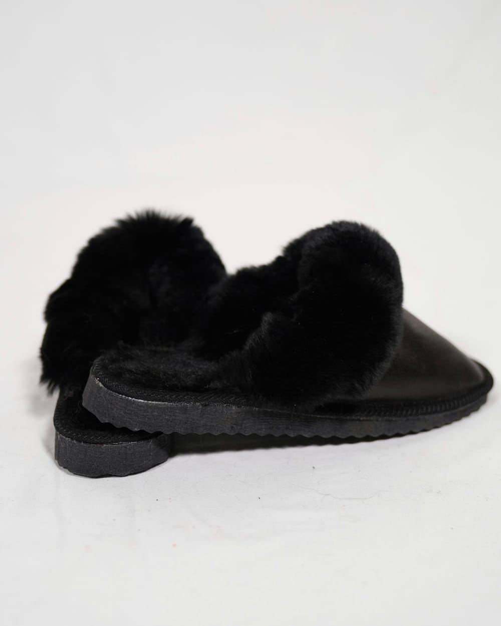 Black Fur Leather & Sheepskin Slippers