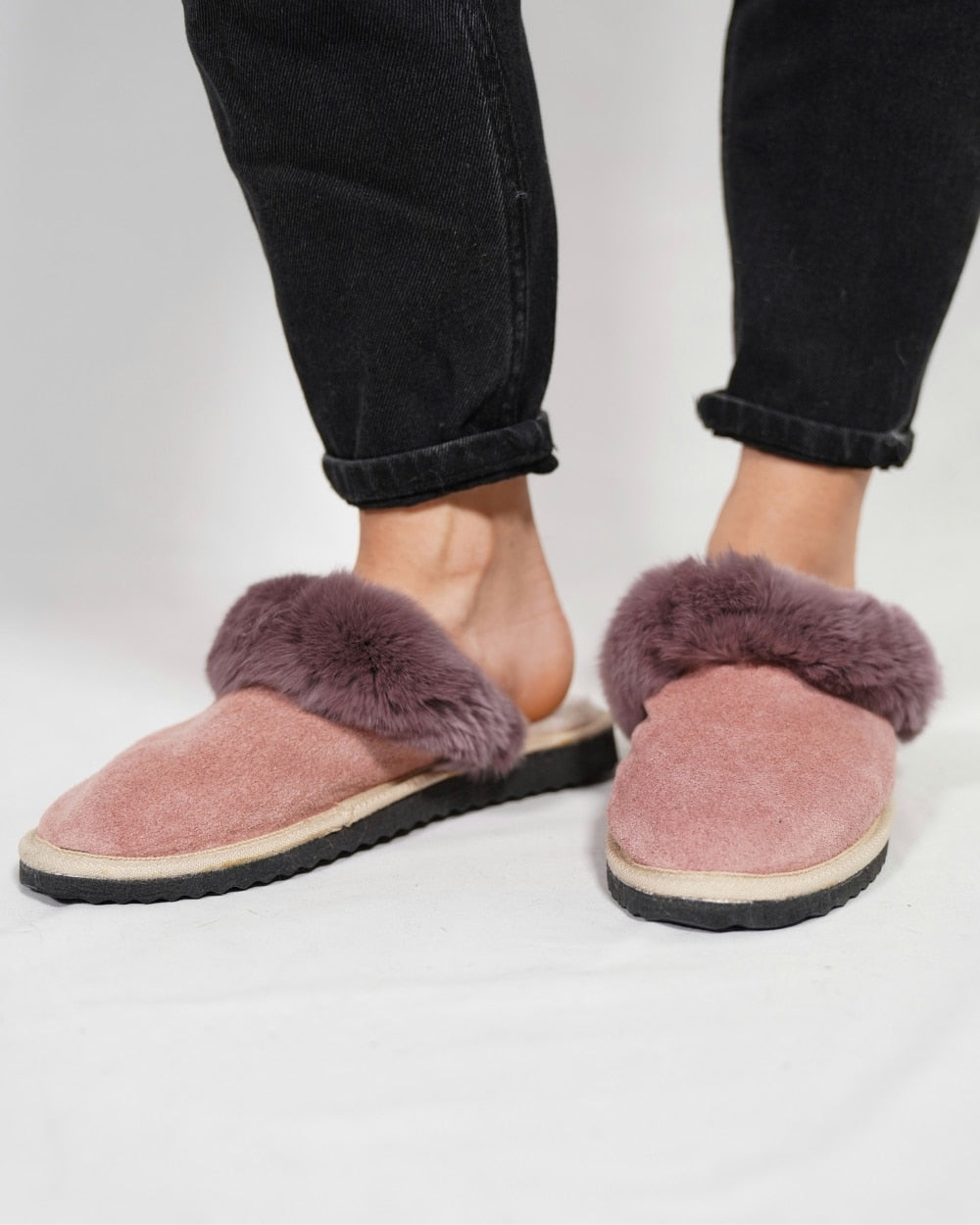 Baby Pink Fur Leather & Sheepskin Slippers with purple on top