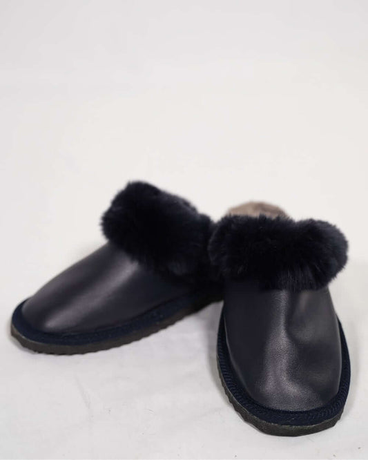Sheepskin Wool Leather Fur Slippers Blue for Women - Luxurious sheepskin and leather slippers with fur lining.