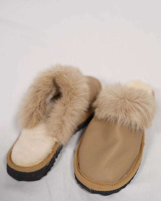 Sheepskin Wool Leather Fur Slippers Camel for Women - luxurious slippers with soft fur lining.