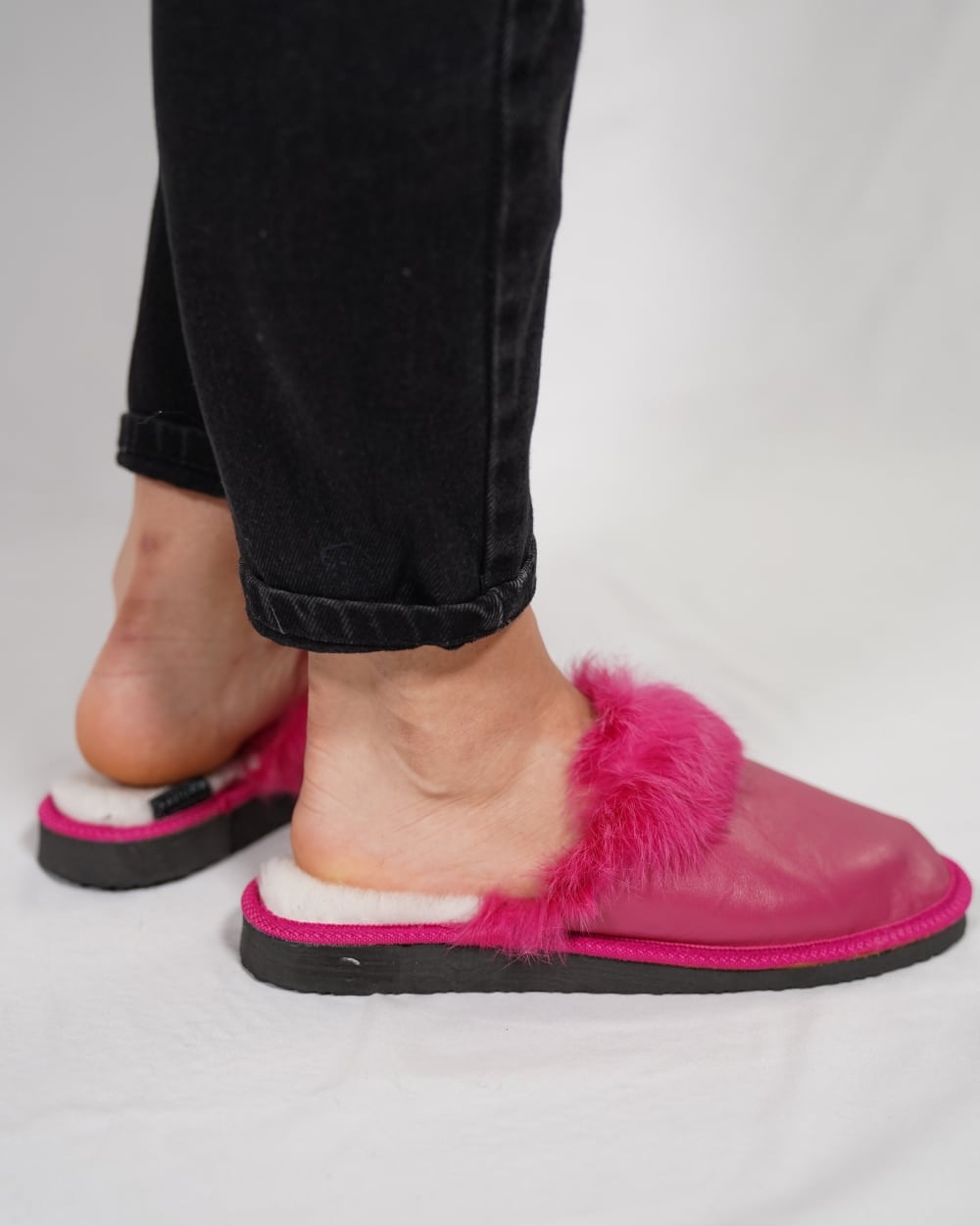 Fuchsia Fur Leather & Sheepskin Slippers