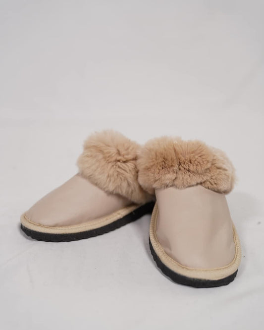 Beige Fur Leather & Sheepskin Slippers