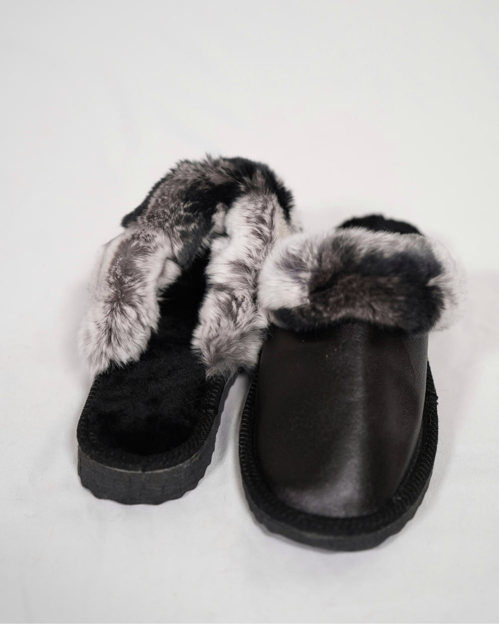 Black Fur Leather & Sheepskin Slippers with chinchilla rabbit fur on top