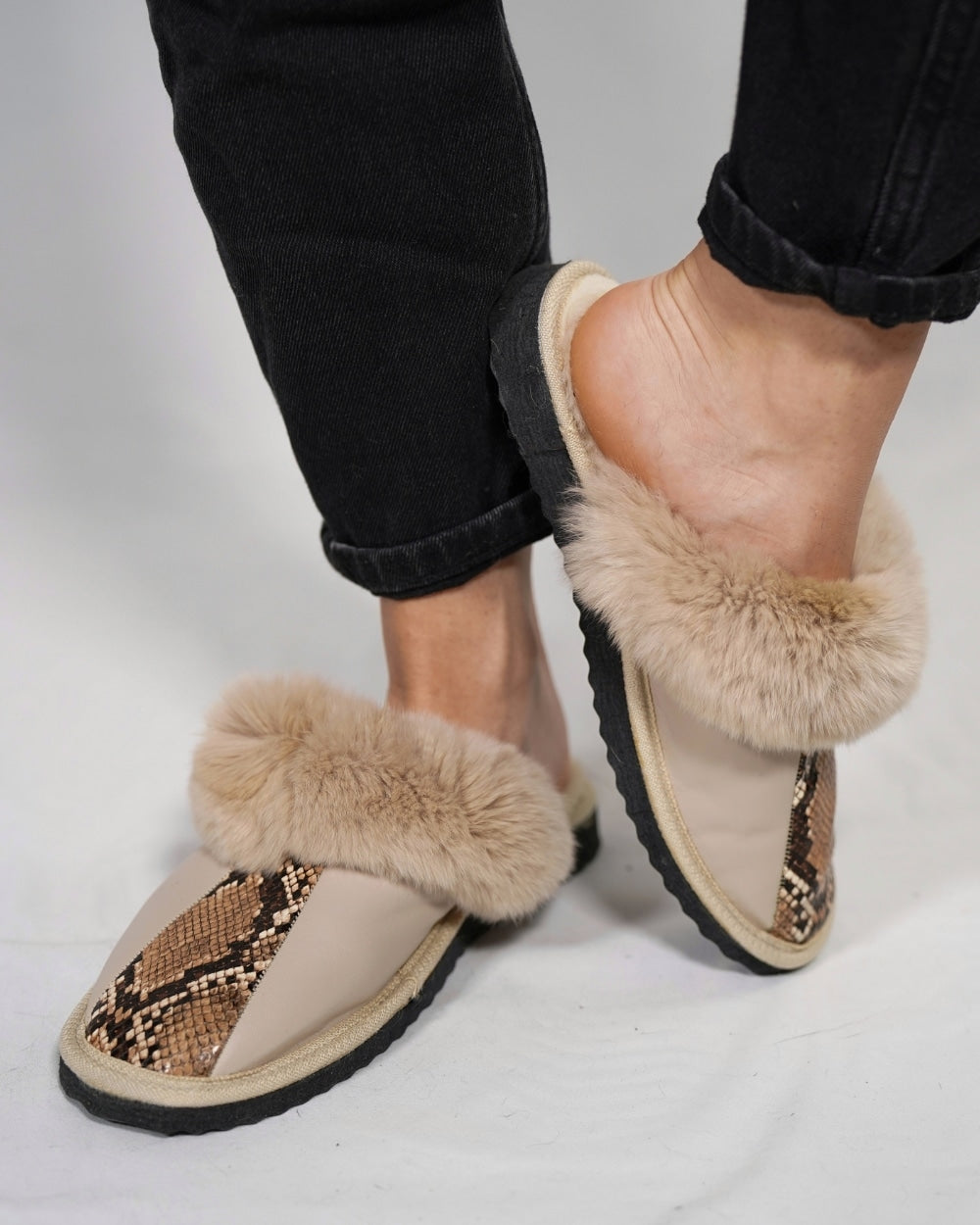 Beige Leopard Fur Leather & Sheepskin Slippers