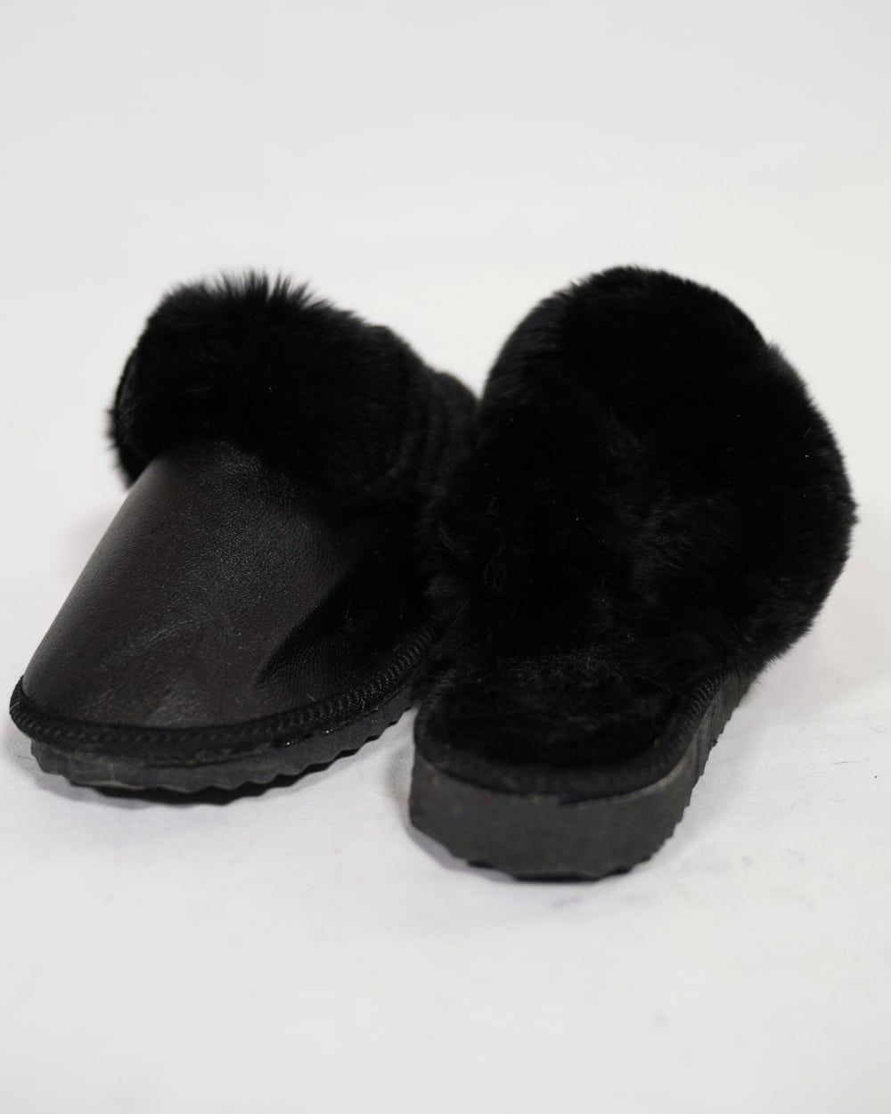 Black Fur Leather & Sheepskin Slippers