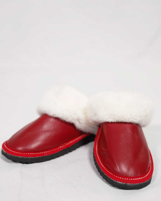 Sheepskin Wool Leather Fur Slippers Red for Women displayed on a white background, showcasing genuine leather and soft fur lining.