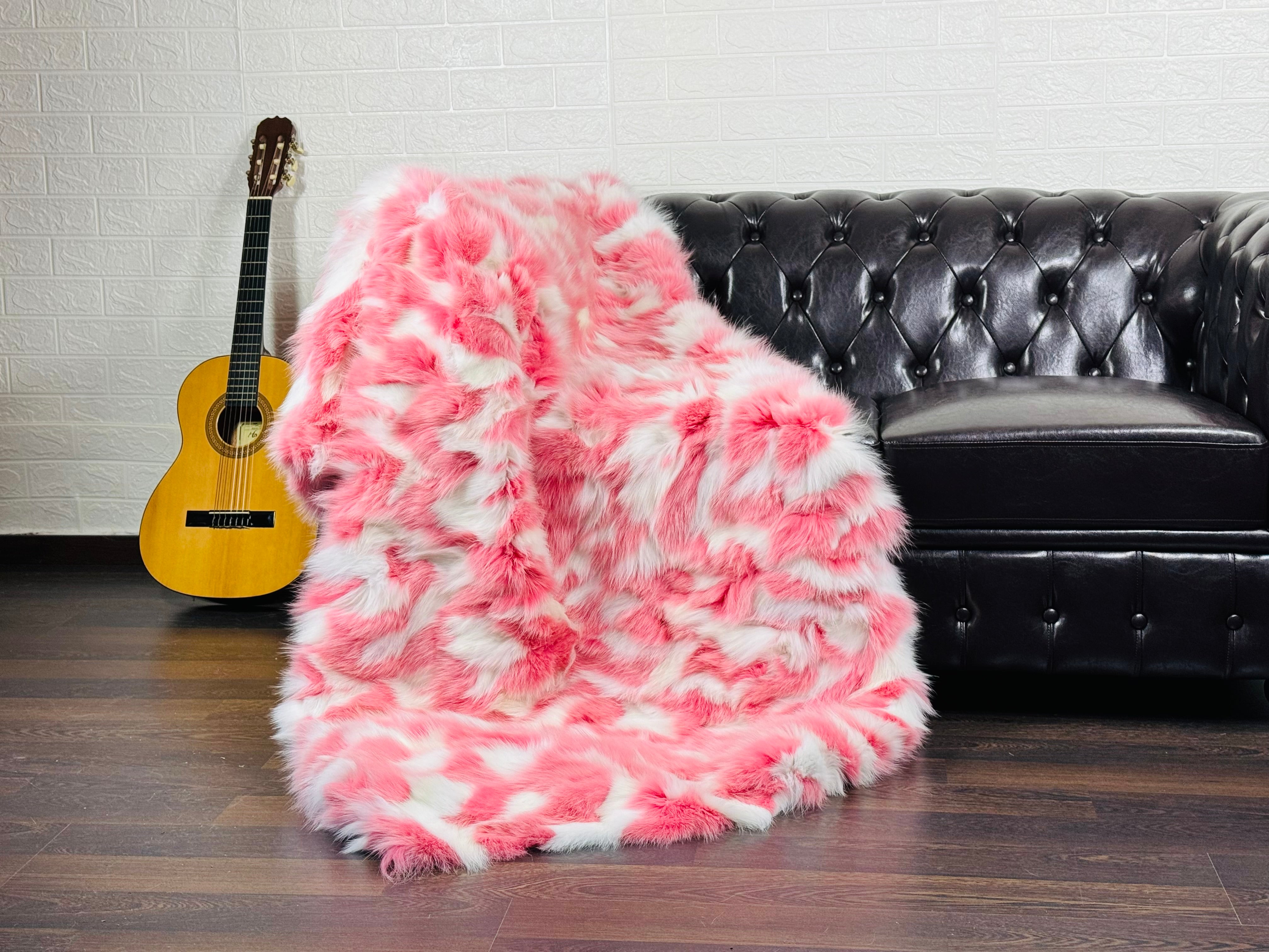 Real White Pink Fox Fur Blanket Throw • Housewarming Gift Sofa Cover n Bedspread •  Handmade Genuine Fur