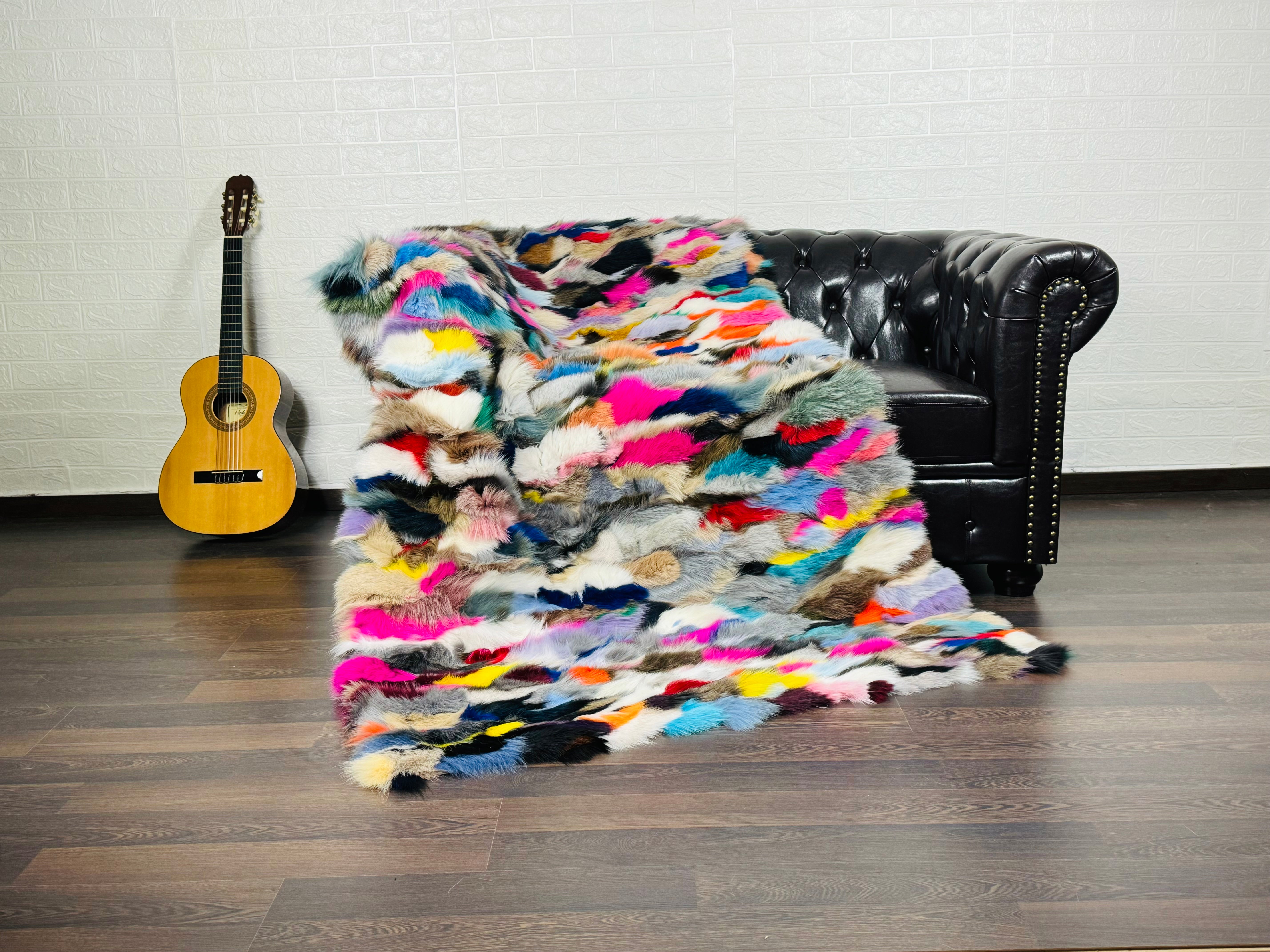 Real Colorful Fox Fur Blanket Throw • Housewarming Gift Sofa Cover n Bedspread •  Handmade Genuine Fur