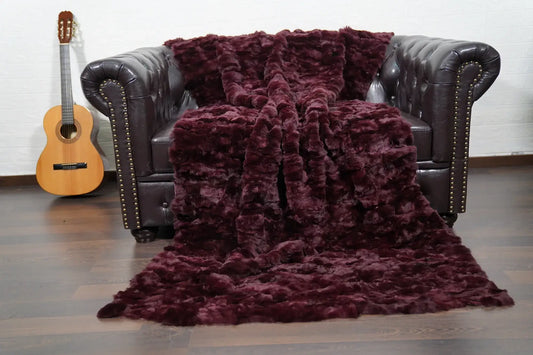 rex rabbit fur throw blanket red burgundy — dense velvety rex rabbit pile, close-up texture detail — Greek craftsmanship, TatiFurs