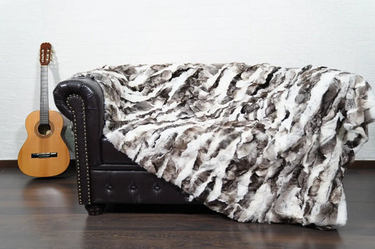 rex rabbit fur throw blanket natural black white — dense velvety rex rabbit pile, close-up texture detail — Greek craftsmanship, TatiFurs