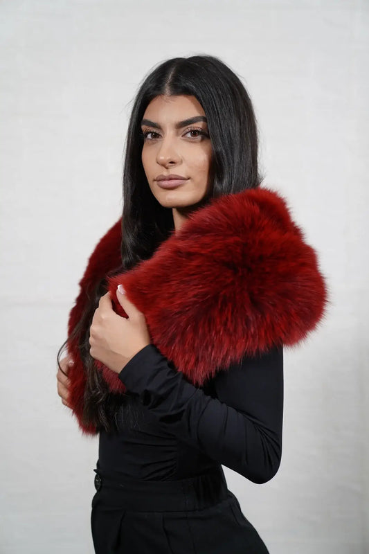 Fox fur collar red displaying deep fierce red full skin fox fur worn as detachable collar — Greek craftsmanship, TatiFurs