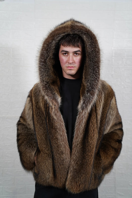 Raccoon fur jacket men natural brown displaying full skin warm brown raccoon and below hip hooded silhouette — Greek craftsmanship, TatiFurs