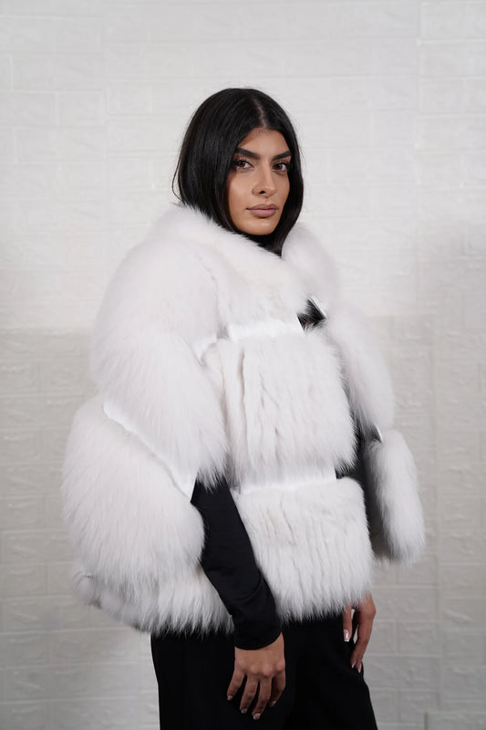 Fox fur cape white displaying full skin white fox horizontal rows with clean leather strips collar and hip level short sleeve silhouette — Greek craftsmanship, TatiFurs