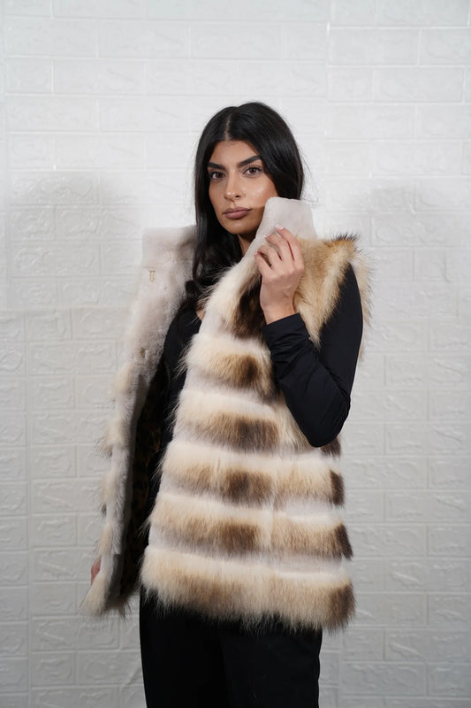 Finn raccoon vest sheepskin lines displaying full skin Finnish raccoon horizontal rows with off white sheepskin strips and sheepskin collar below hip silhouette — Greek craftsmanship, TatiFurs