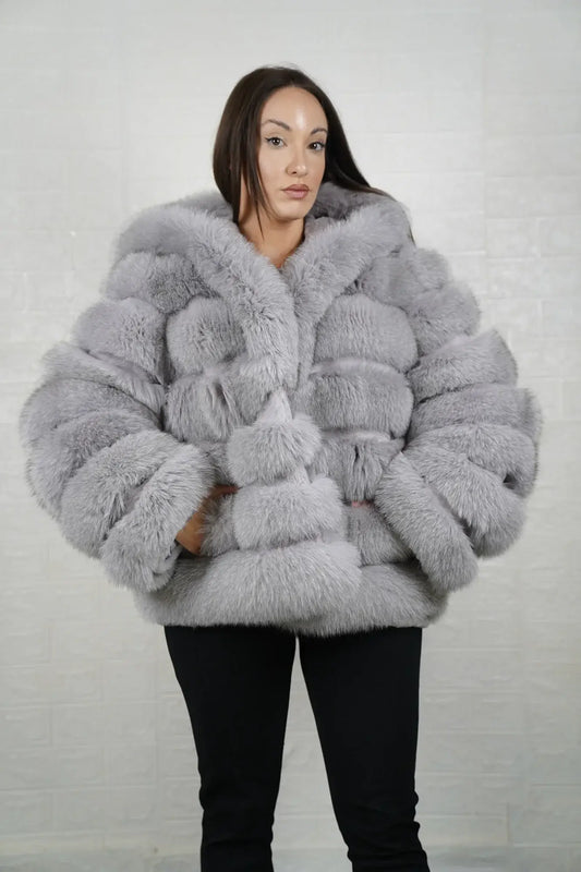 Gray fox fur jacket displaying full skin gray fox horizontal rows with rabbit fur trim strips and above hip hooded silhouette — Greek craftsmanship, TatiFurs