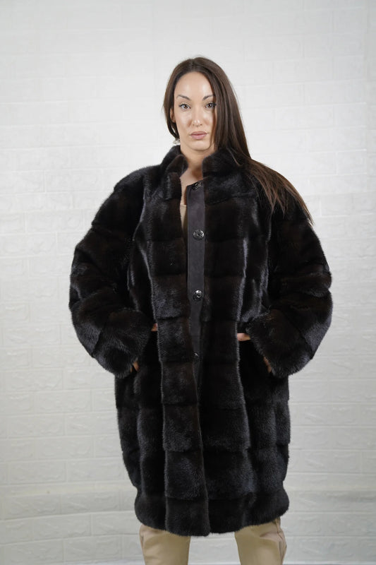 Mink fur coat dark brown collared long with belt displayed showing deep warm dark brown tone and full knee length silhouette — Greek craftsmanship, TatiFurs