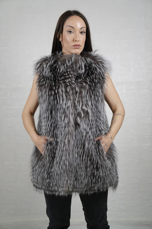 Fox fur vest silver displaying full skin luminous silver fox and below hip collared silhouette — Greek craftsmanship, TatiFurs