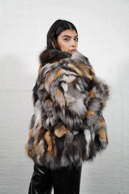 Fox fur jacket gross natural with collar displaying warm undyed natural fox tone and hip level silhouette — Greek craftsmanship, TatiFurs
