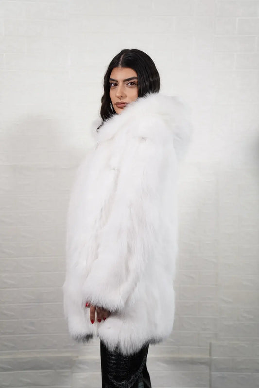 Fox fur coat white displaying solid pattern luminous white fox panels and above knee hooded silhouette — Greek craftsmanship, TatiFurs