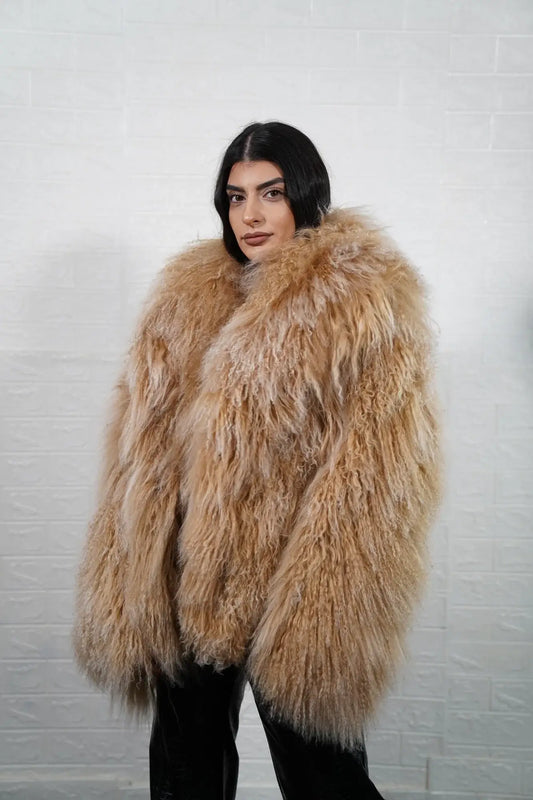 Mongolian jacket camel brown displaying warm radiant camel brown sheepskin leather exterior and hip level collar silhouette — Greek craftsmanship, TatiFurs