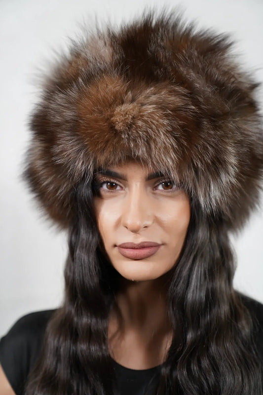 Fox fur hat natural crystal displaying voluminous round natural crystal fox fur with warm brown silver variation sitting high on the head — Greek craftsmanship, TatiFurs