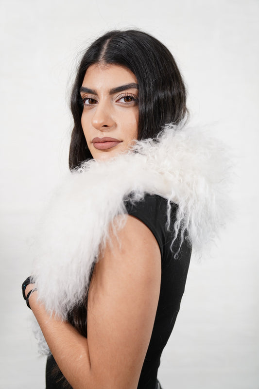 Mongolian Sheepskin Collar White — Curly Lamb Fur three-quarter view over the shoulder, volume of the pure snow white Mongolian lamb curls around the neck — handmade in Greece, TatiFurs