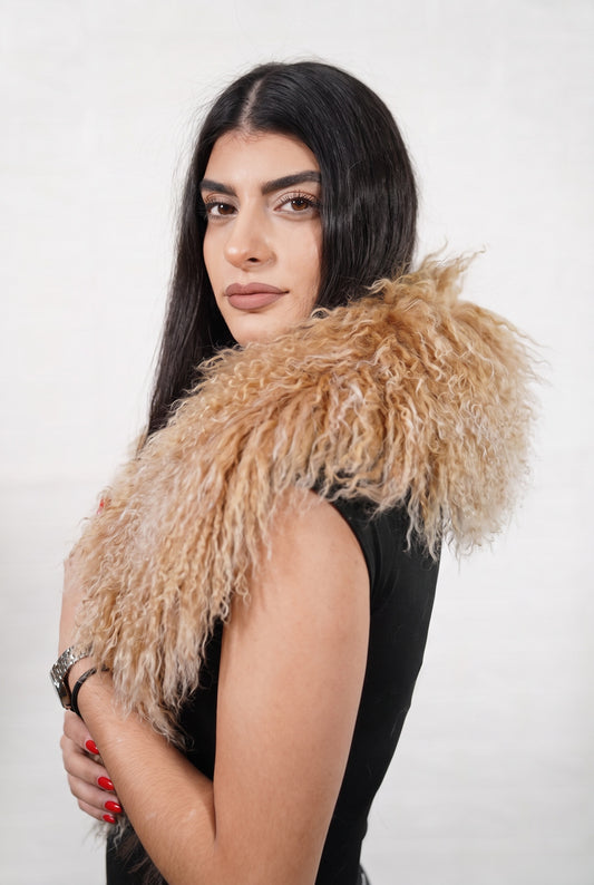 Mongolian Sheepskin Collar Camel — Curly Lamb Fur three-quarter view over the shoulder, volume of the warm natural camel Mongolian lamb curls around the neck — handmade in Greece, TatiFurs