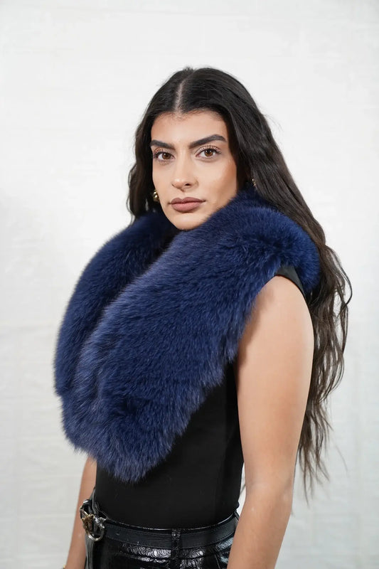 Fox fur collar blue displaying cool luminous blue full skin fox fur worn as detachable collar — Greek craftsmanship, TatiFurs