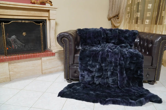 rex rabbit fur throw blanket dark blue — dense velvety rex rabbit pile, close-up texture detail — Greek craftsmanship, TatiFurs