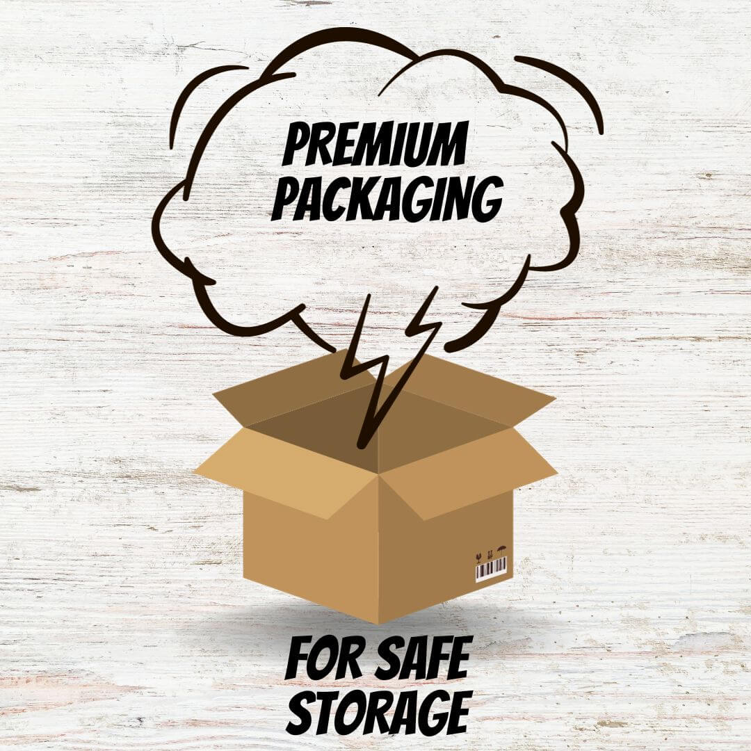 Premium Packaging for Safe Storage, featuring an illustrated open box with a speech bubble.