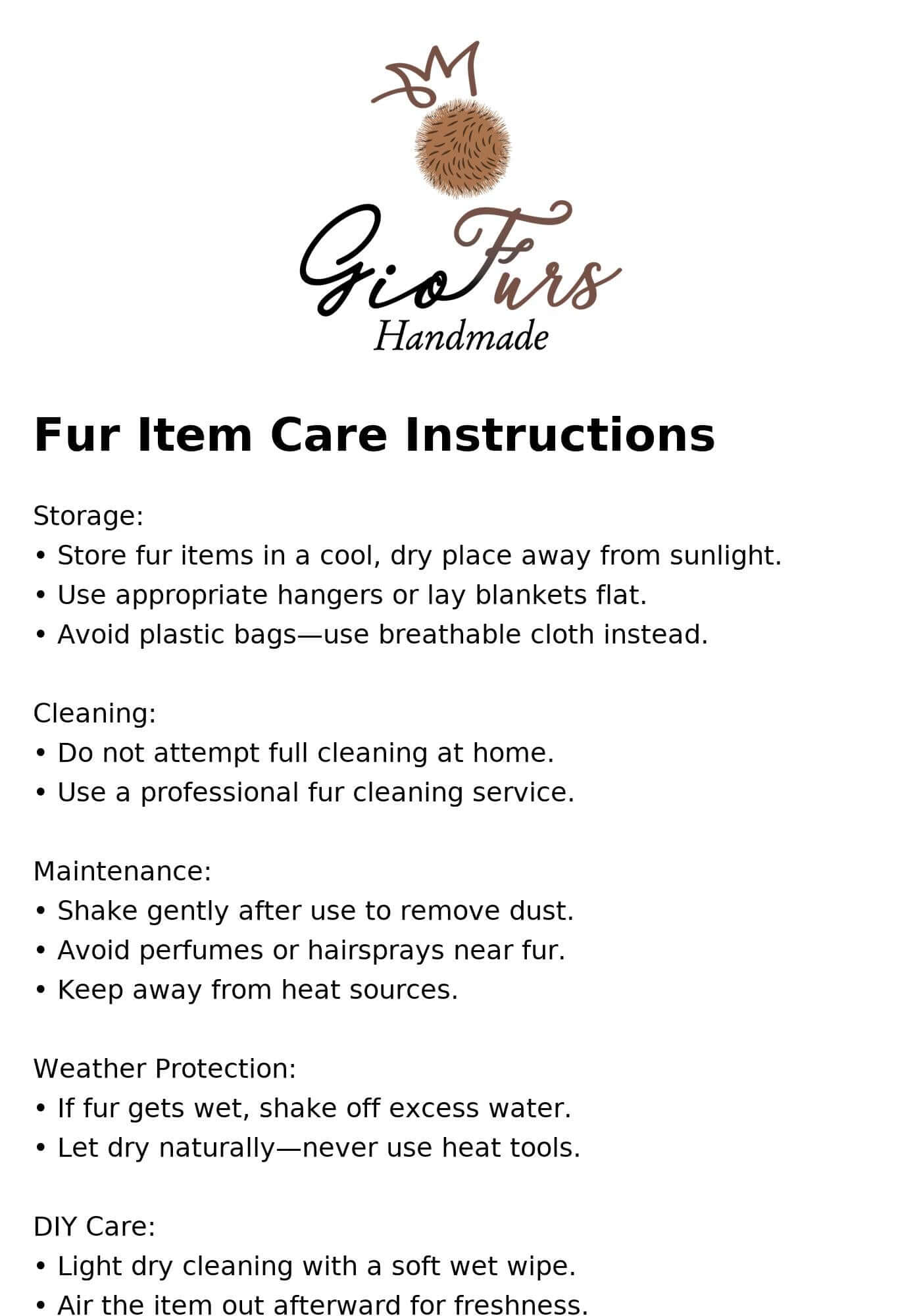 Fur Item Care Instructions for mink fur products by GioFurs, detailing storage, cleaning, maintenance, and DIY care.