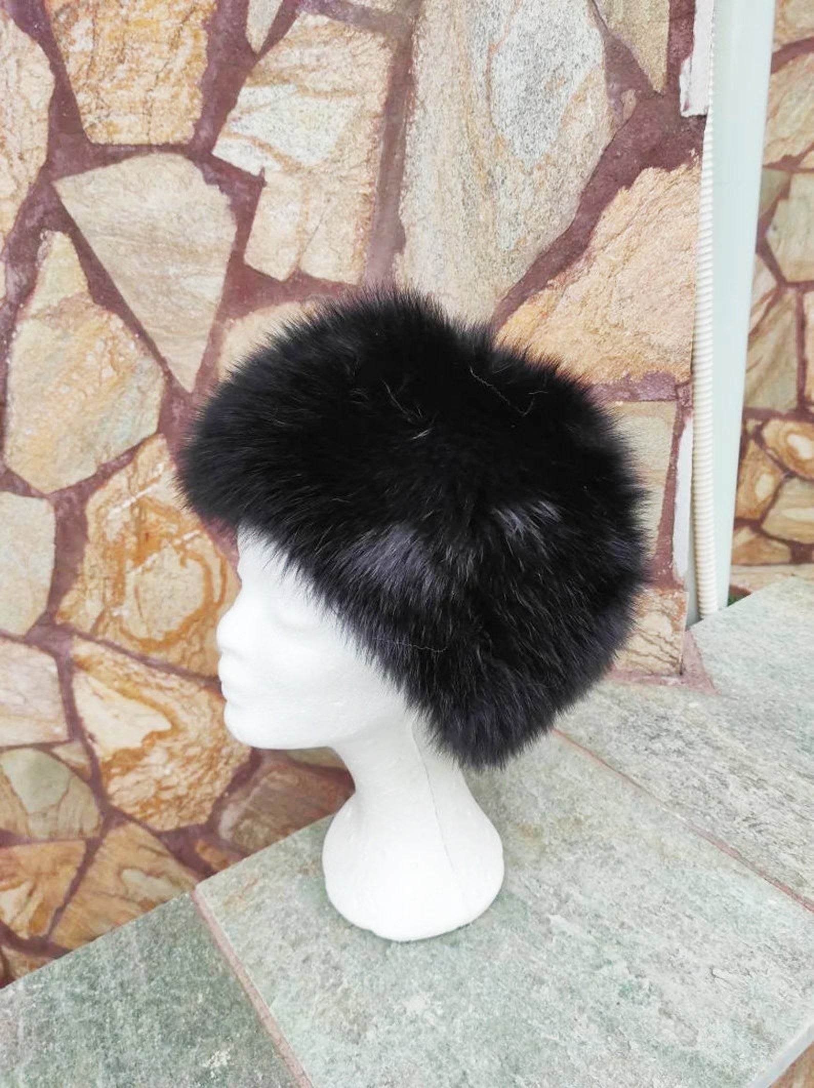 Elegant Real Fox Fur Hat Black Full Skin - Handcrafted Elegance for Winter Chic - Ethically and Organically Farmed Fox Fur