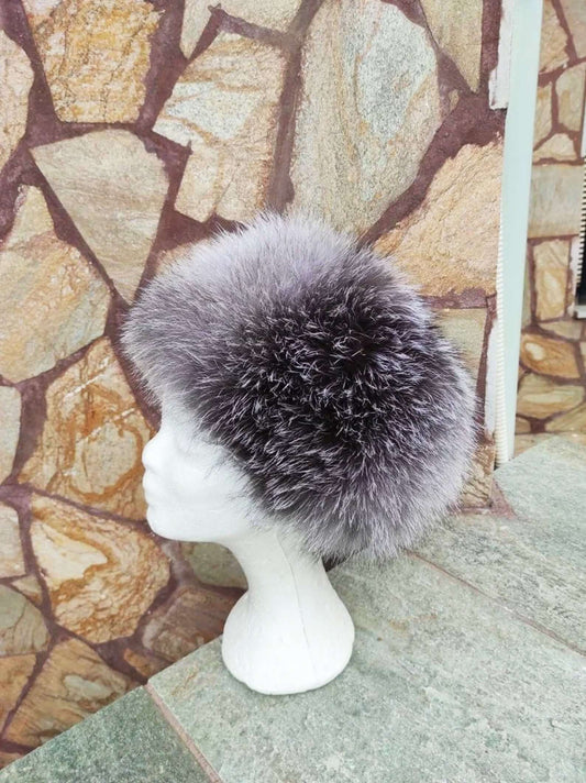 Silver natural fox fur hat side view showing shape and full skin volume