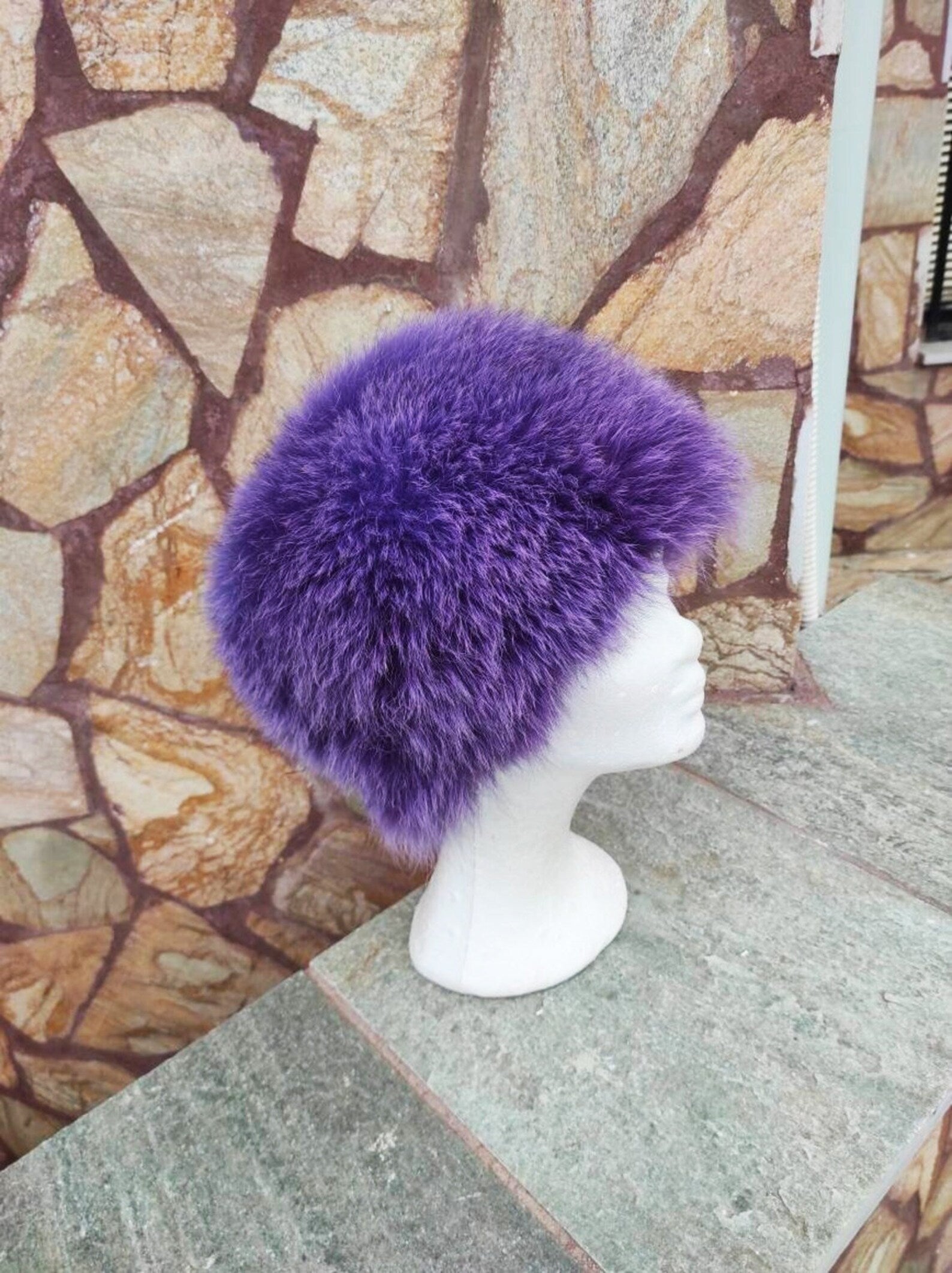Elegant Real Fox Fur Hat Purple Full Skin - Handcrafted Elegance for Winter Chic - Ethically and Organically Farmed Fox Fur