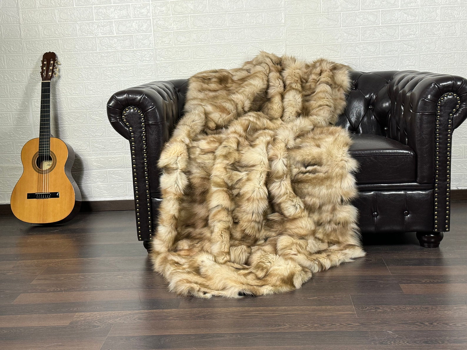 Beige Fox fur throw blanket